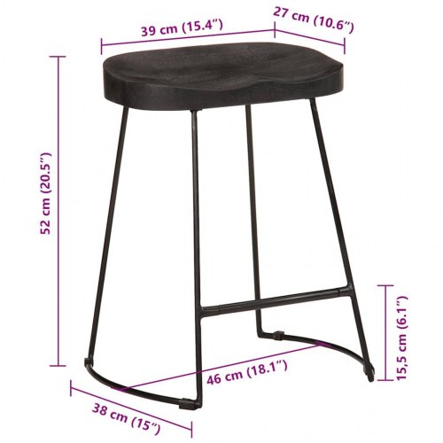 Barstole sæt á 2 - massivt mangotræ & metal, sort, 46×38×52 cm