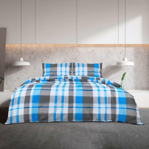 Sengetøjssæt 260 x 240 cm - bomuld, blå og grå tern