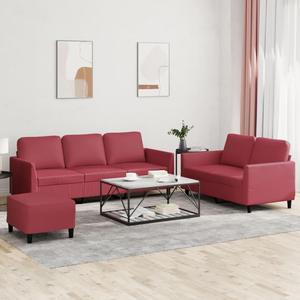 Sofasæt i kunstlæder - 3 dele med hynder, vinrød