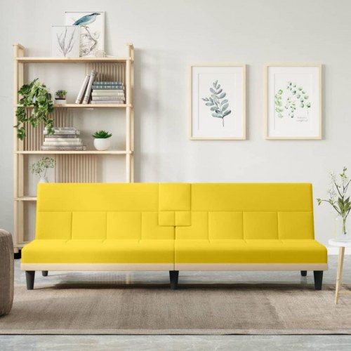 Sovesofa med kopholdere i stof - lysegul, 200 cm