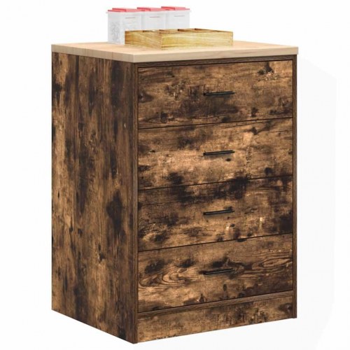 Garageopbevaringsskab med 4 skuffer - røget eg, 60×51×85 cm, bordplade i massivt fyrretræ