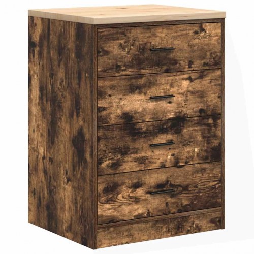 Garageopbevaringsskab med 4 skuffer - røget eg, 60×51×85 cm, bordplade i massivt fyrretræ