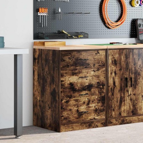 Garageopbevaringsskab med 4 skuffer - røget eg, 60×51×85 cm, bordplade i massivt fyrretræ