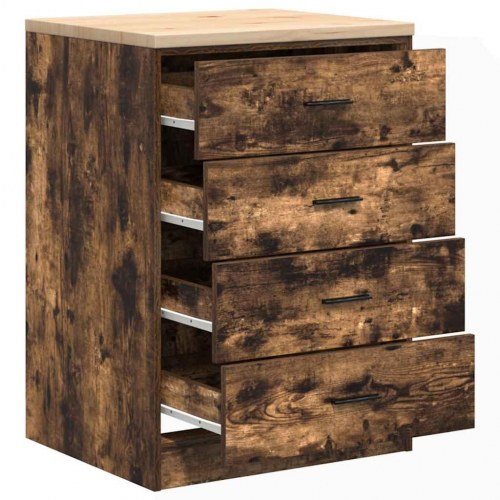 Garageopbevaringsskab med 4 skuffer - røget eg, 60×51×85 cm, bordplade i massivt fyrretræ