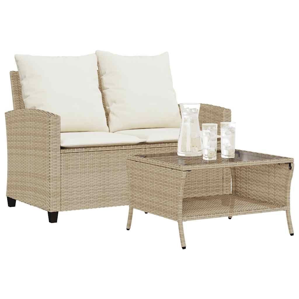 2-Personers Sofa Med Hynder Og Bord Polyrattan - Beige / Cremefarvet