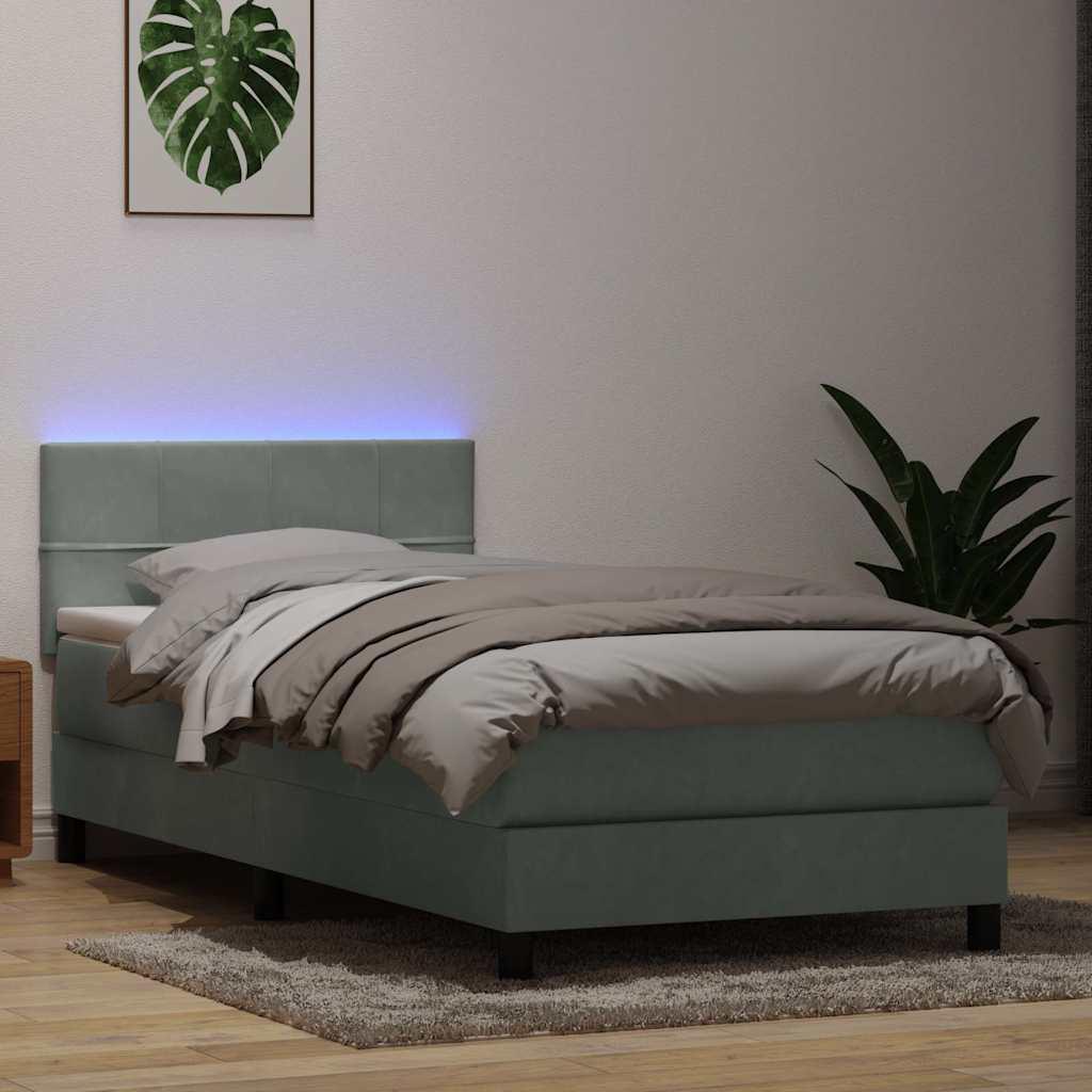 vidaXL kontinentalseng med madras og LED-lys lysegrå 90x220 cm fløjl