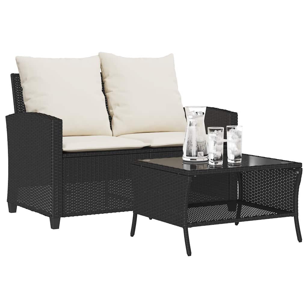 2-Personers Sofa Med Hynder Og Bord Polyrattan - Sort / Cremefarvet