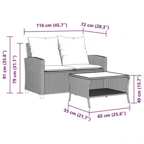 2-personers havesofa med bord og hynder - sort/cremefarvet