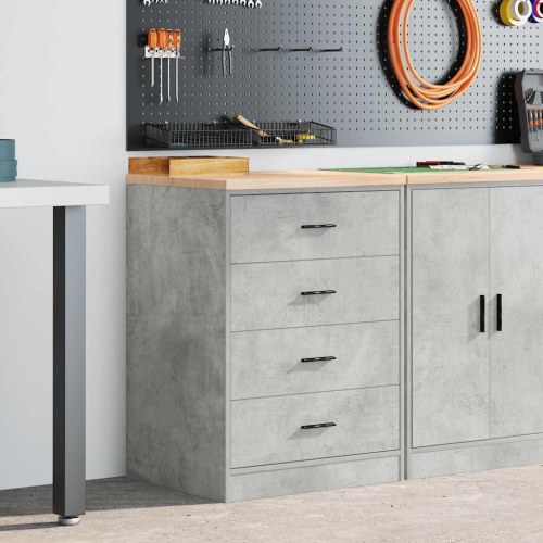 Garageopbevaringsskab med 4 skuffer - betongrå, 60 × 51 × 85 cm, bordplade i massivt fyrretræ