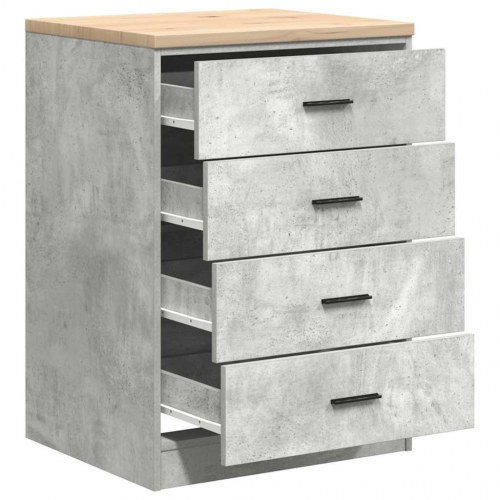 Garageopbevaringsskab med 4 skuffer - betongrå, 60 × 51 × 85 cm, bordplade i massivt fyrretræ