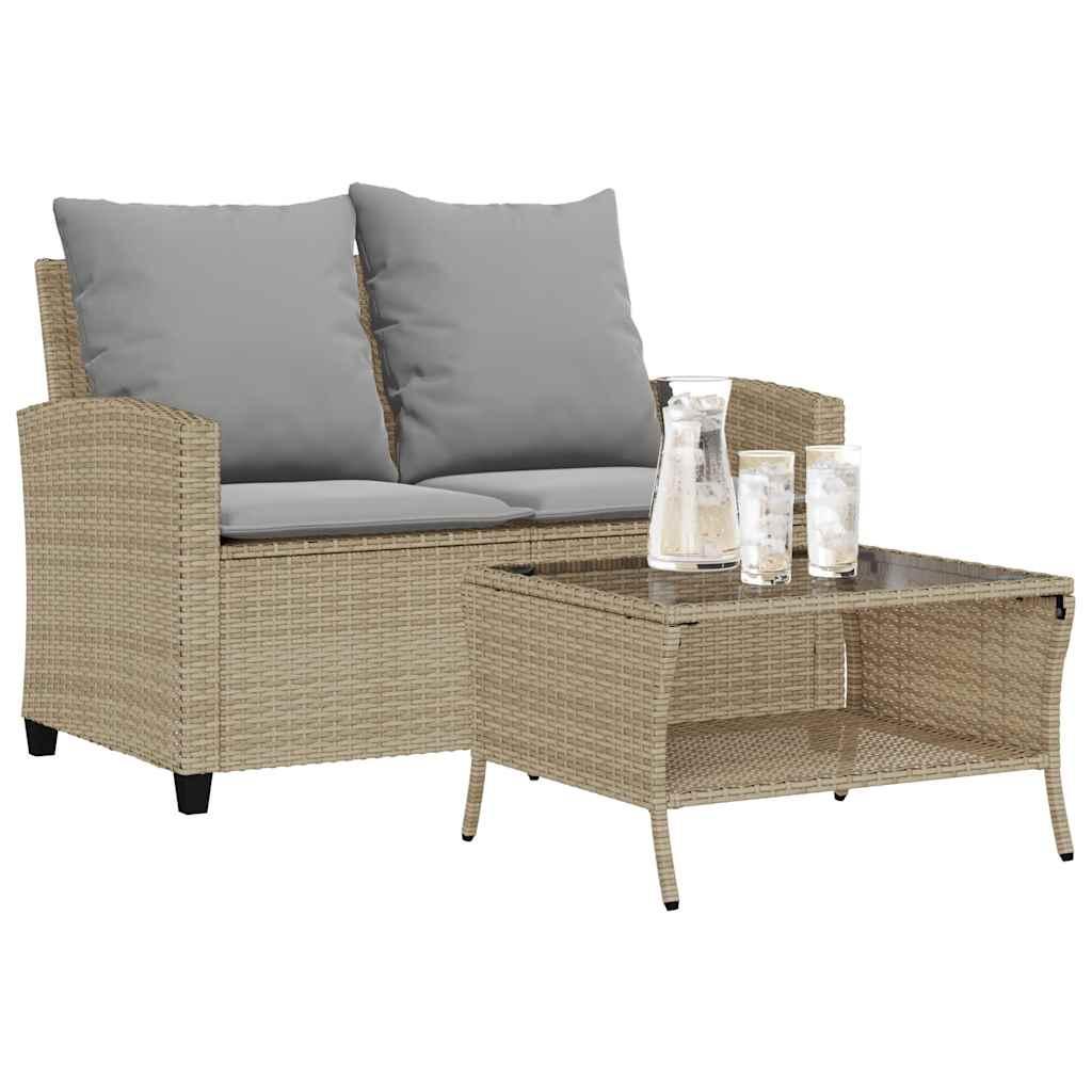2-personers havesofa med hynder og sofabord i polyrattan - beige