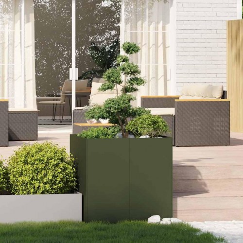 Plantekasse i stål 80×80×80 cm - olivengrøn