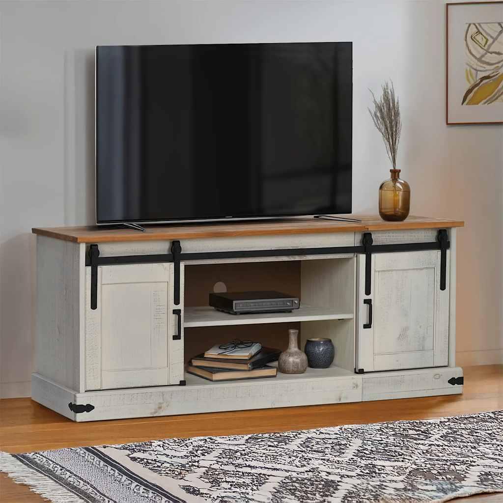 Tv Bord Halden 2 Skydedøre 150x40x60 Cm Massivt Træ Hvid