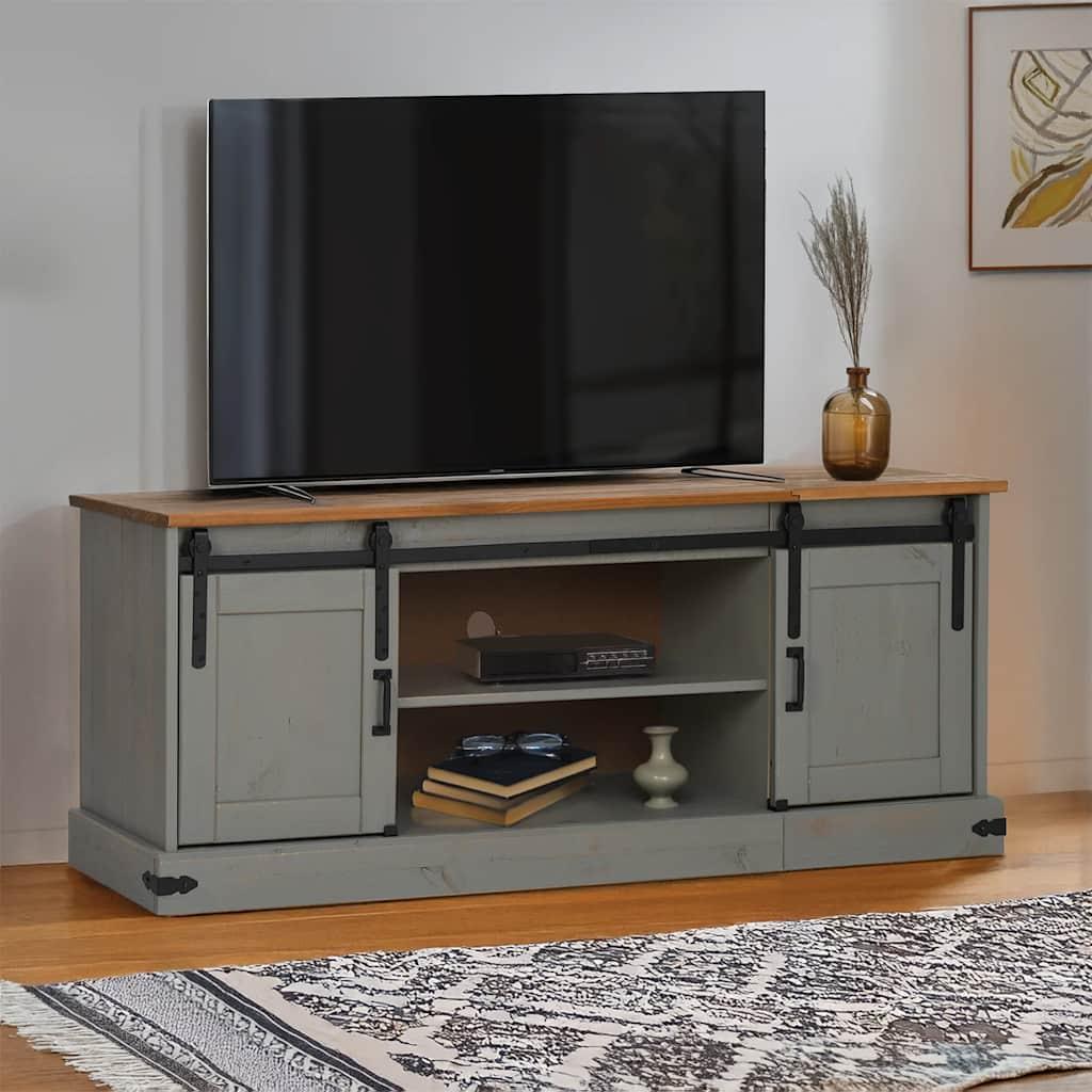 Tv Bord Halden 2 Skydedøre 150x40x60 Cm Massivt Træ Grå