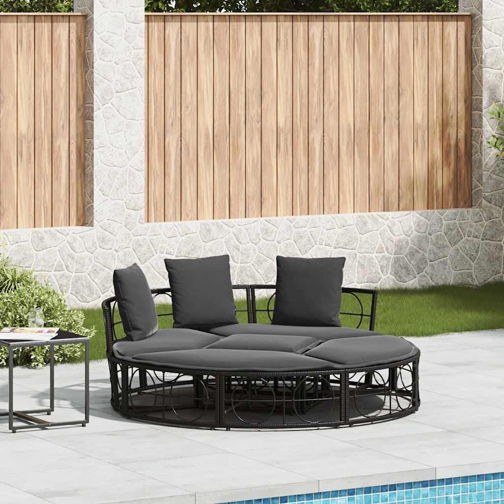 Udendørs Loungeseng Med Tag Og Hynder Polyrattan - Sort / 160 x 50 cm