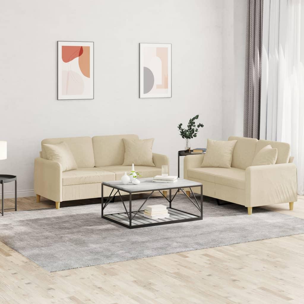 Sofasæt 2 dele med puder stof cremefarvet