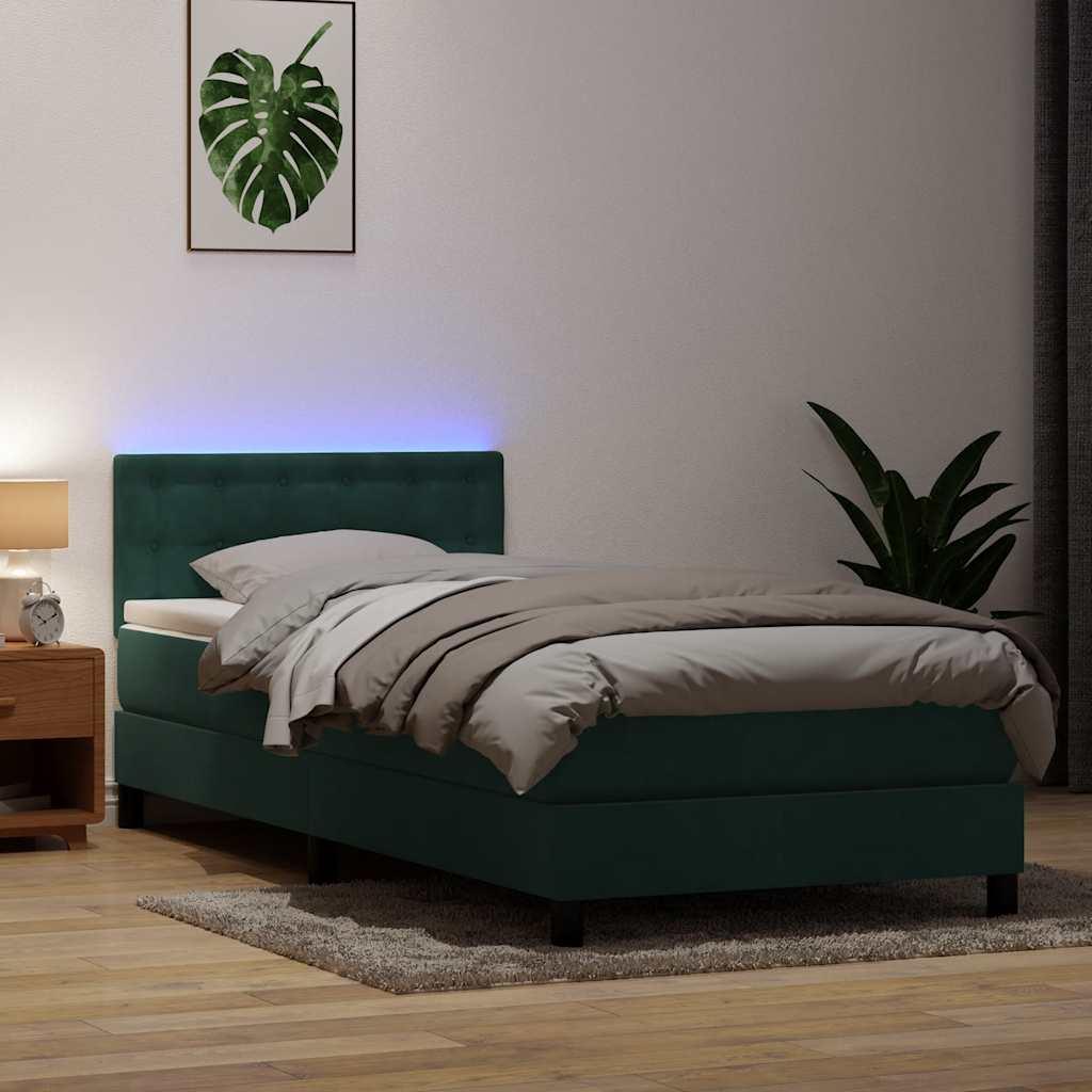 Kontinentalseng med madras og LED-lys mørkegrøn 80x220 cm fløjl