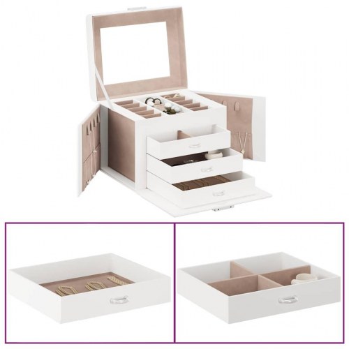 Smykkeskrin med 4 lag, spejl og lås - hvid/beige