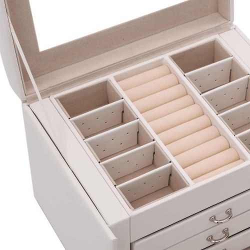 Smykkeskrin med 4 lag, spejl og lås - hvid/beige