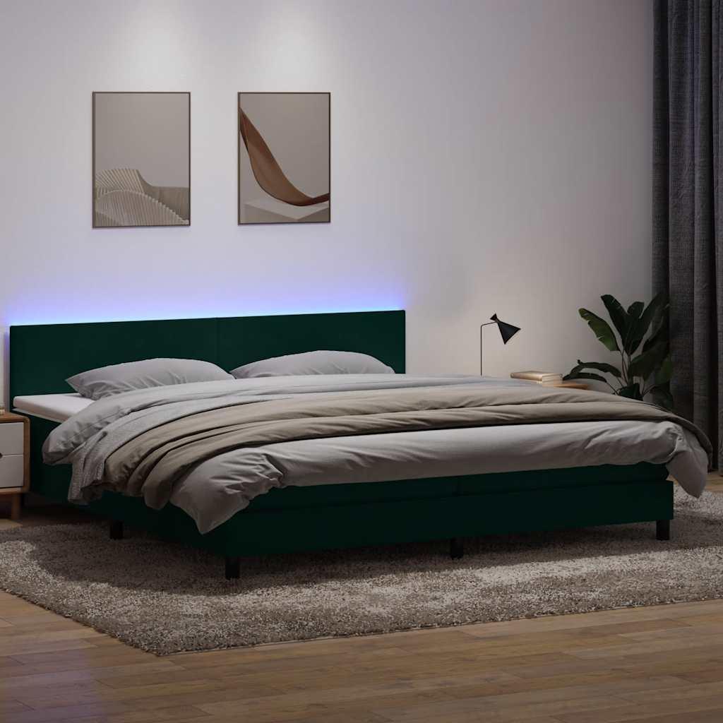 Kontinentalseng med madras og LED-lys 180x220 cm fløjl mørkegrøn