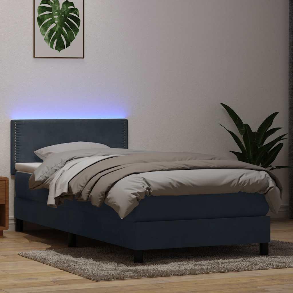 Kontinentalseng med madras og LED-lys mørkegrå 90x220 cm fløjl