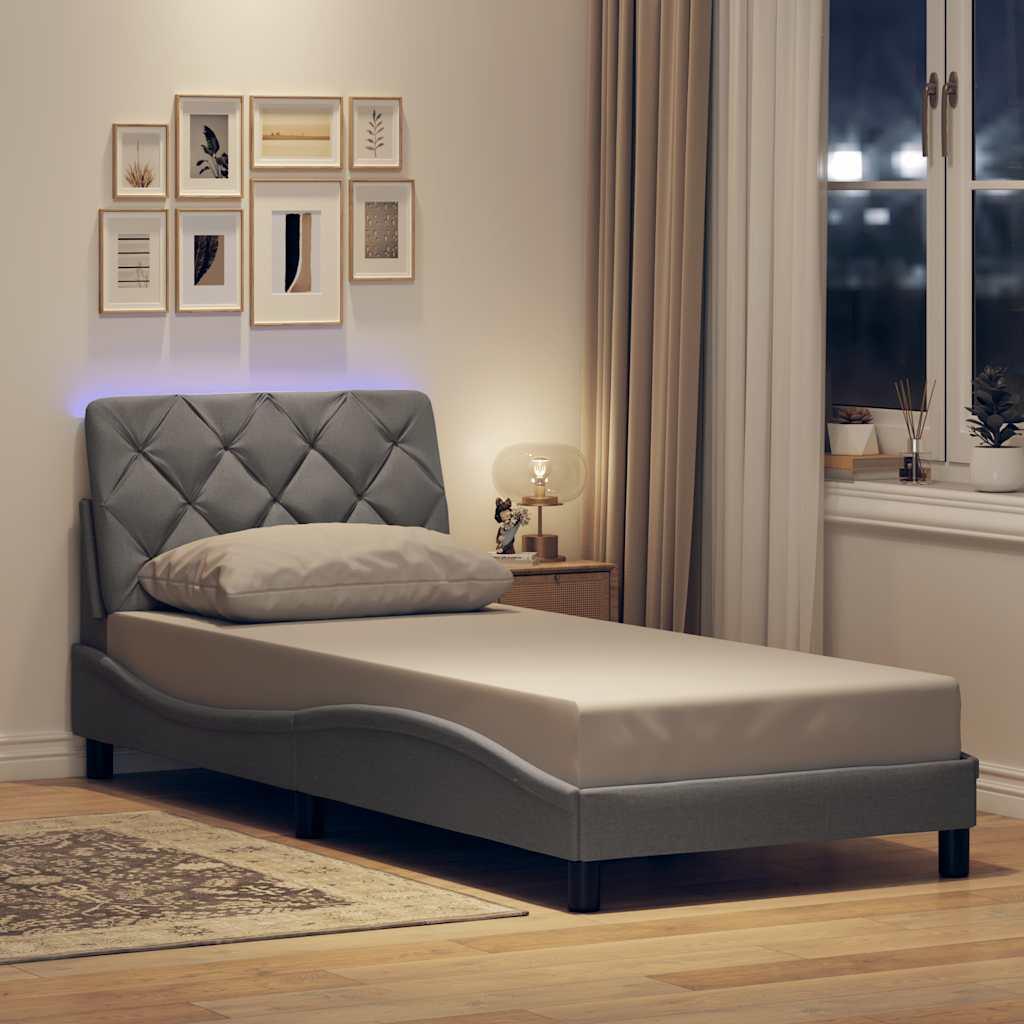 Sengeramme med LED uden madras 90x200 cm stof lysegrå