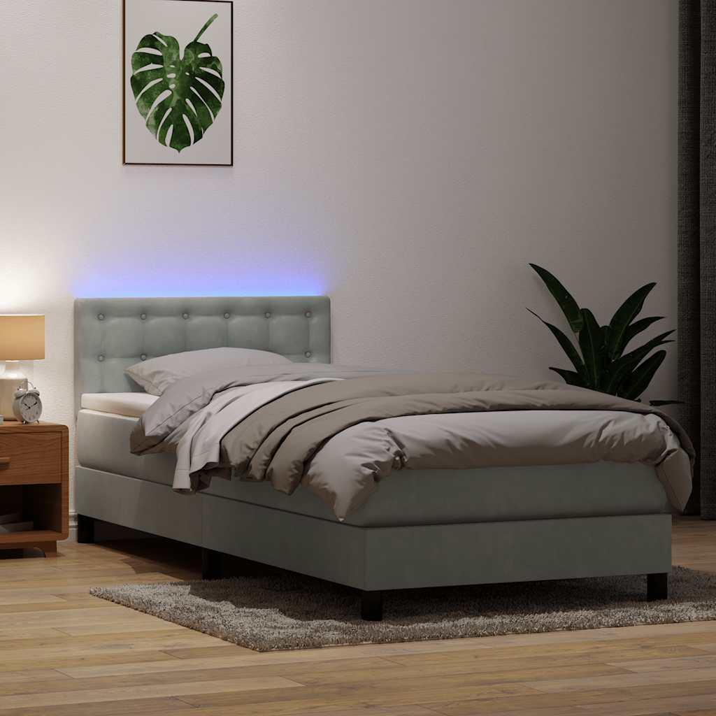 vidaXL kontinentalseng med madras og LED-lys lysegrå 90x220 cm fløjl