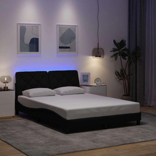 Sengeramme med LED 140 x 190 cm i sort stof - uden madras