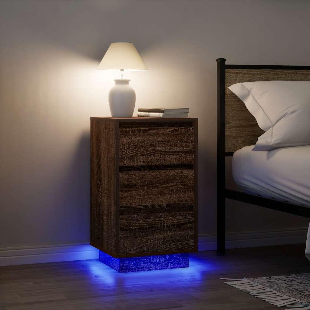 Sengeborde med LED-lys 38x34x65 cm brun egetræsfarve