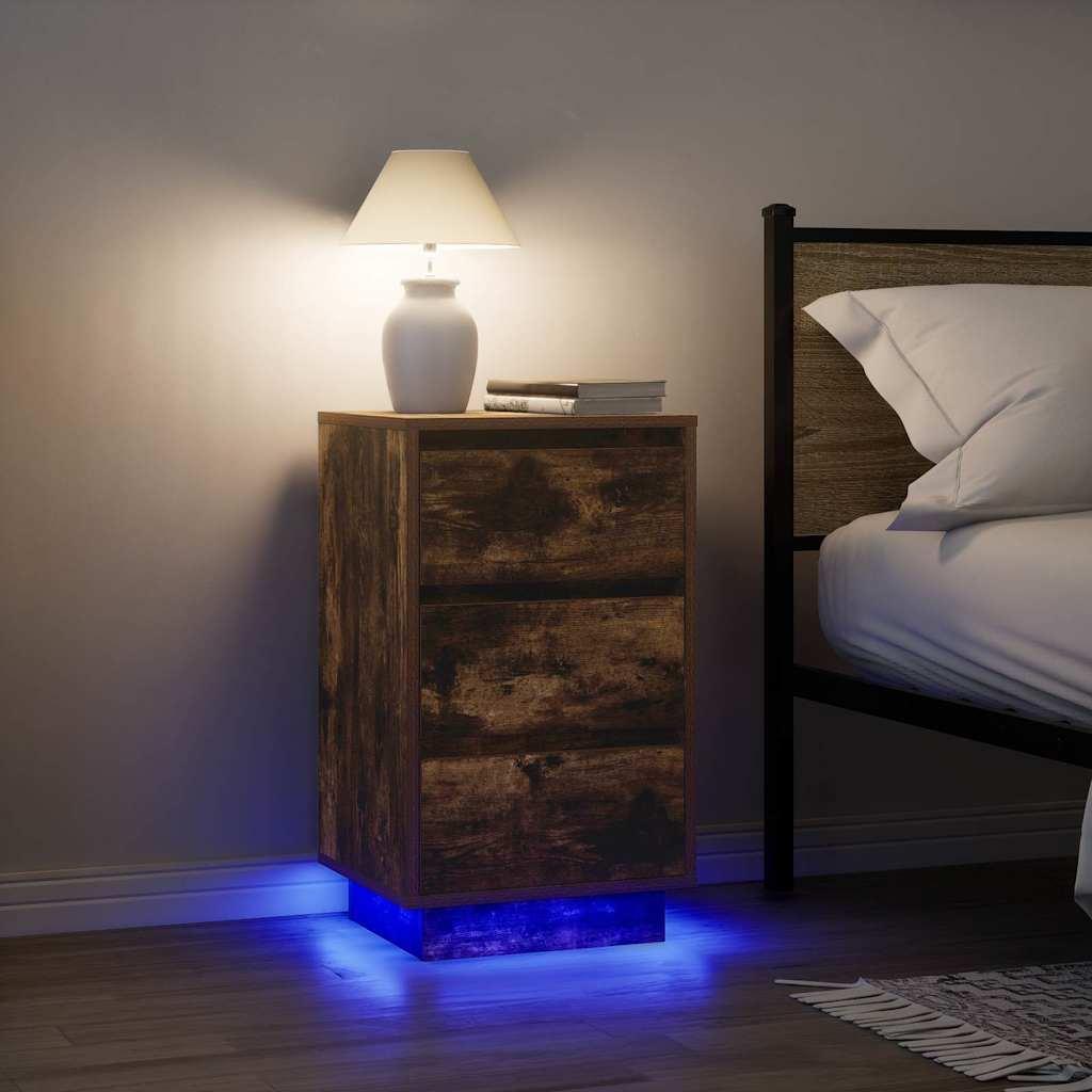 Sengeborde med LED-lys 38x34x65 cm røget egetræsfarve