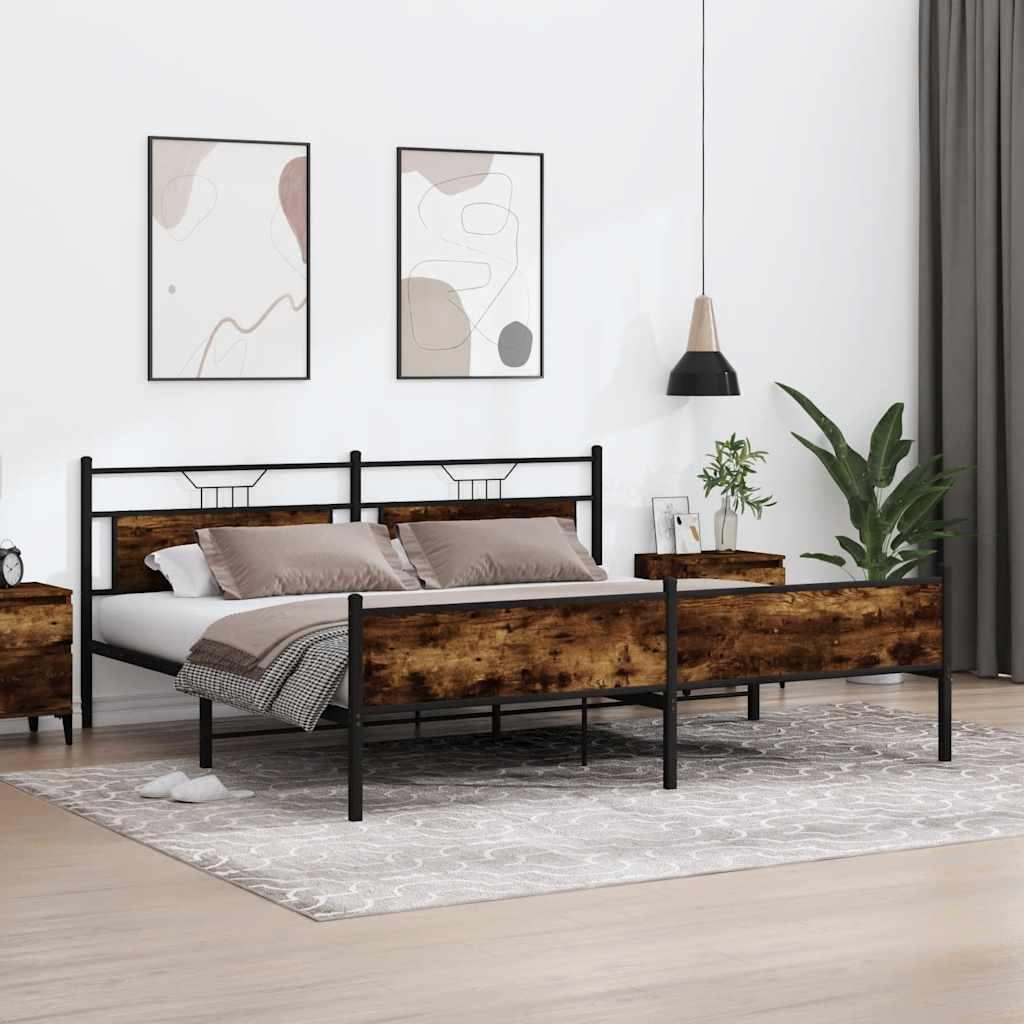 Sengeramme Uden Madras Konstrueret Træ Røget Eg - med sengegavl og højt fodgærde / 193 x 203 cm