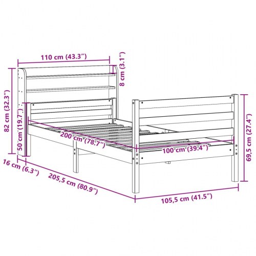 Sengeramme med sengegavl 100×200 cm - massivt fyrretræ, hylder