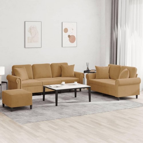 Sofasæt 3 dele med puder velour brun