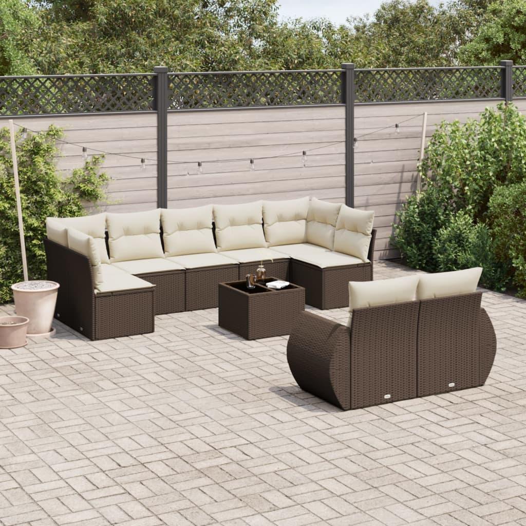 Sofasæt Til Haven 9 Dele Med Hynder Polyrattan Sort - Brun og cremefarvet / Med bord