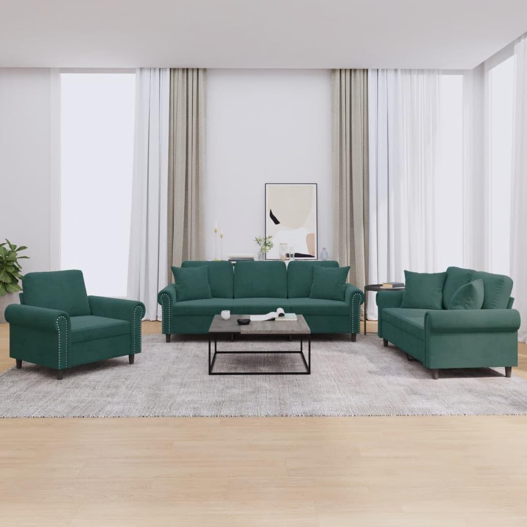 Sofasæt 3 dele med puder velour mørkegrøn