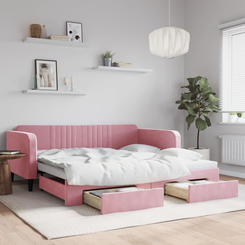 vidaXL daybed med udtræk og skuffer 100x200 cm velour lyserød