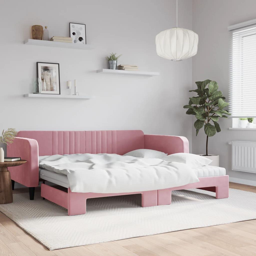 Daybed med udtræk og 2 madrasser 100 x 200 cm velour lyserød