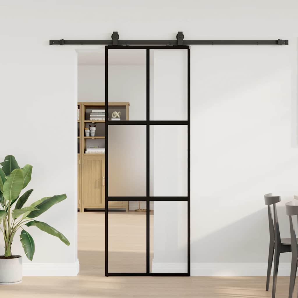 Skydedør 76×205 cm i hærdet glas - sort inkl. hardwaresæt