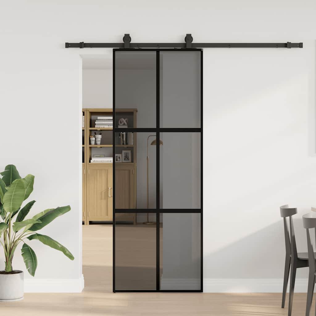 Skydedør 76×205 cm i sort hærdet glas - inkl. hardwaresæt