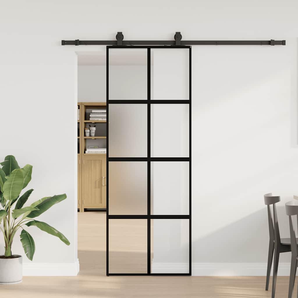 Skydedør 76×205 cm i hærdet glas - sort med hardwaresæt