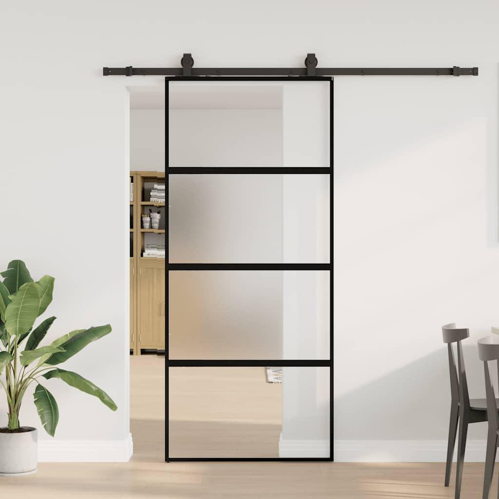 Skydedør med hardwaresæt 90x205 cm hærdet glas sort