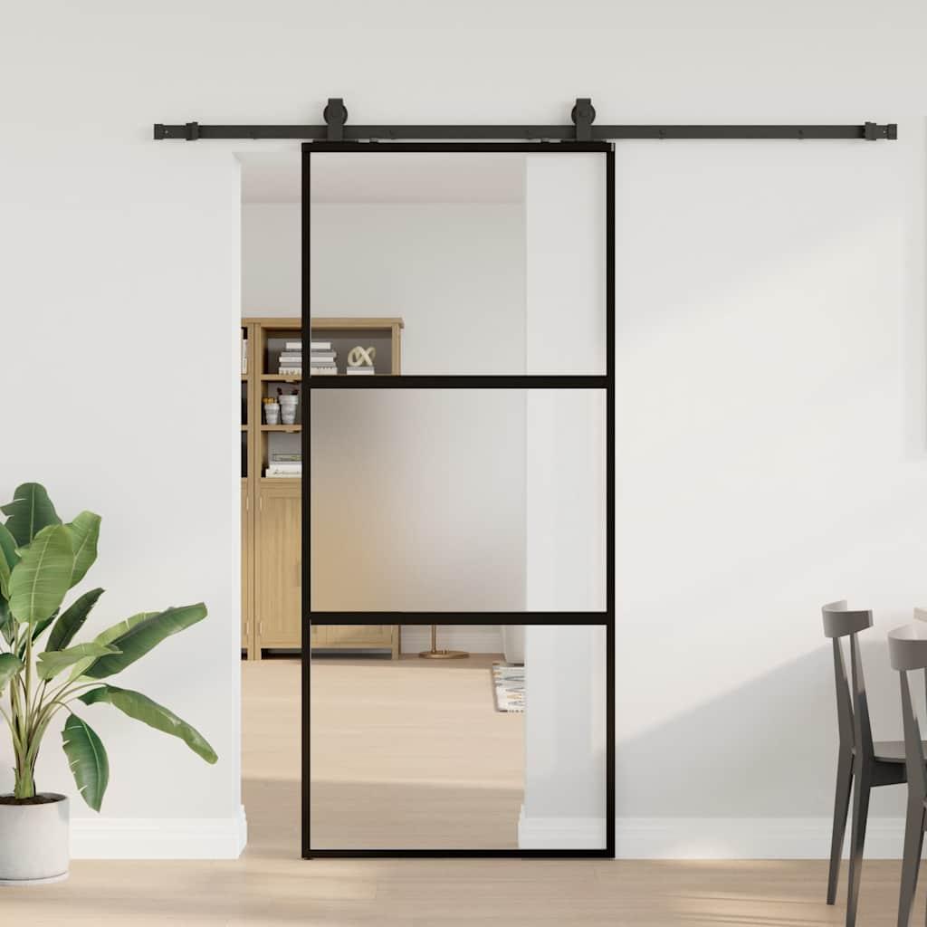 vidaXL skydedør med hardwaresæt 90x205 cm hærdet glas sort