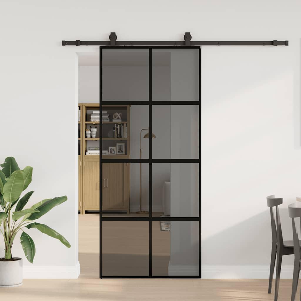 Skydedør med hardwaresæt 90x205 cm hærdet glas sort