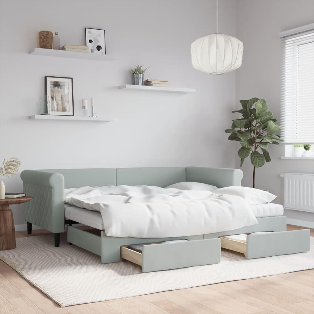 Daybed Velour Lysegrå - med udtræk og skuffe og madras / 90 x 190 cm