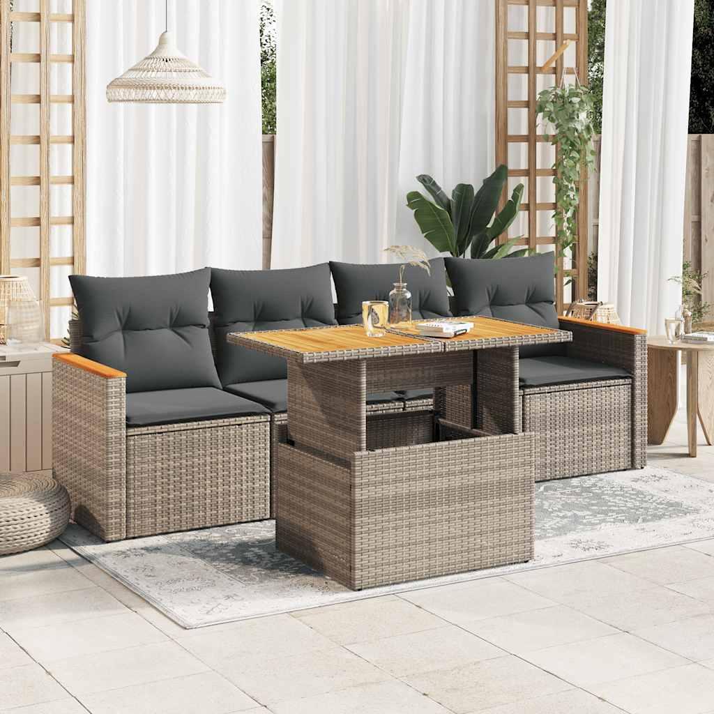 Sofasæt 5 dele med hynder polyrattan akacietræ grå