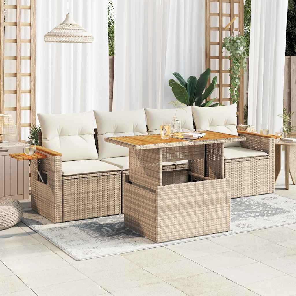 Sofasæt Til Haven 5 Dele Med Hynder Polyrattan - beige og cremefarvet / med opbevaring