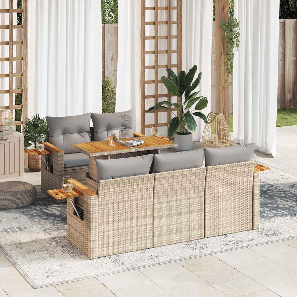 Sofasæt Til Haven 6 Dele Med Hynder Polyrattan Akacietræ - beige og grå