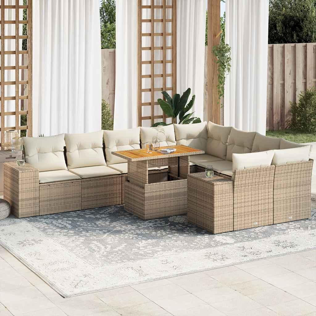 Sofasæt til haven 10 dele med hynder i polyrattan og akacietræ - beige