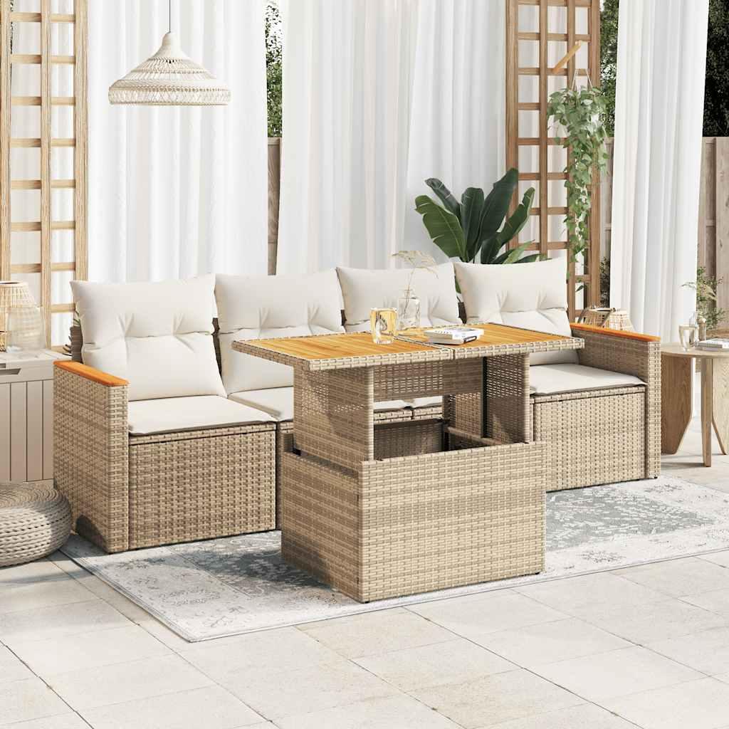 Sofasæt Til Haven 5 Dele Med Hynder Polyrattan - beige og cremefarvet / med opbevaring