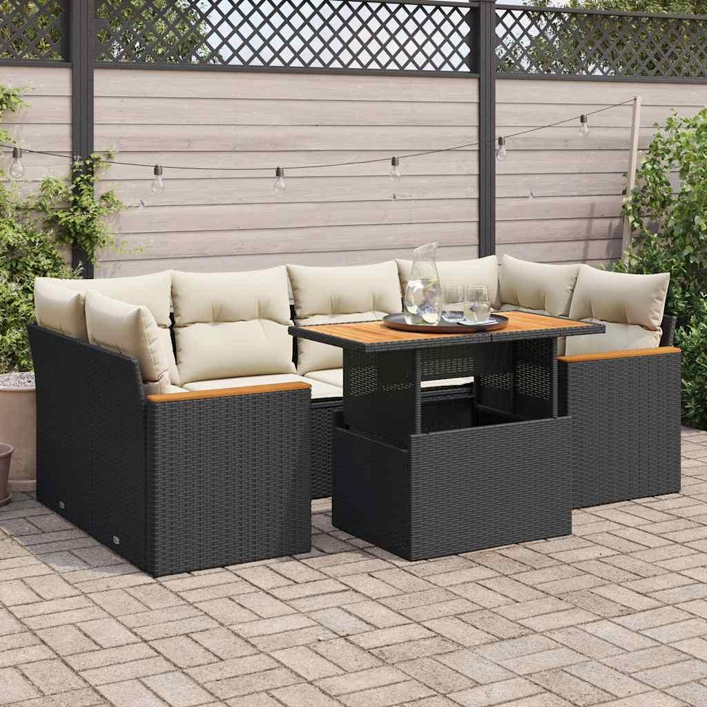 Sofasæt Til Haven 7 Dele Med Hynder Polyrattan Sort - Sort og cremefarvet / med opbevaring